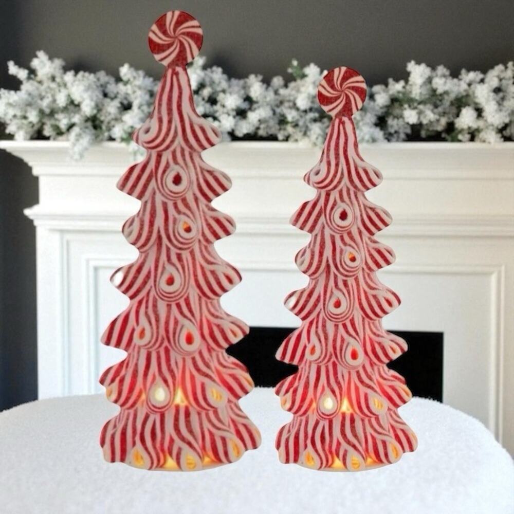 Peppermint Christmas Tree LED Light Up Sz 9.25 & 6.5 in Tabletop Ribbon Candy - Picture 6 of 9